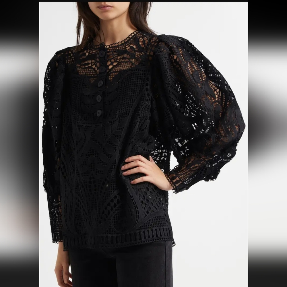 NWOT FARM RIO GUIPURE LACE PUFF-SLEEVE BLOUSE, SZ:XXS - Picture 14 of 15